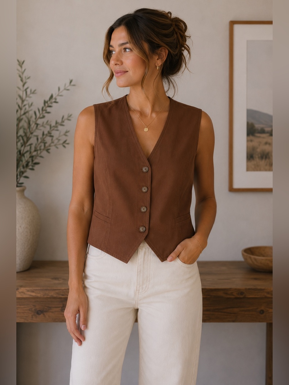 Vintage Leigh Morgan Brown Button Front Women's Vest Size L Retro Minimalist 90s